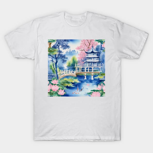 Chinoiserie landscape with koi fish and lotus flowers T-Shirt by SophieClimaArt